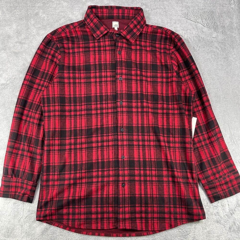 Swet Tailor Shirt Mens 2XL Red Black Flannel Plaid Stretch Long Sleeve Button-Up